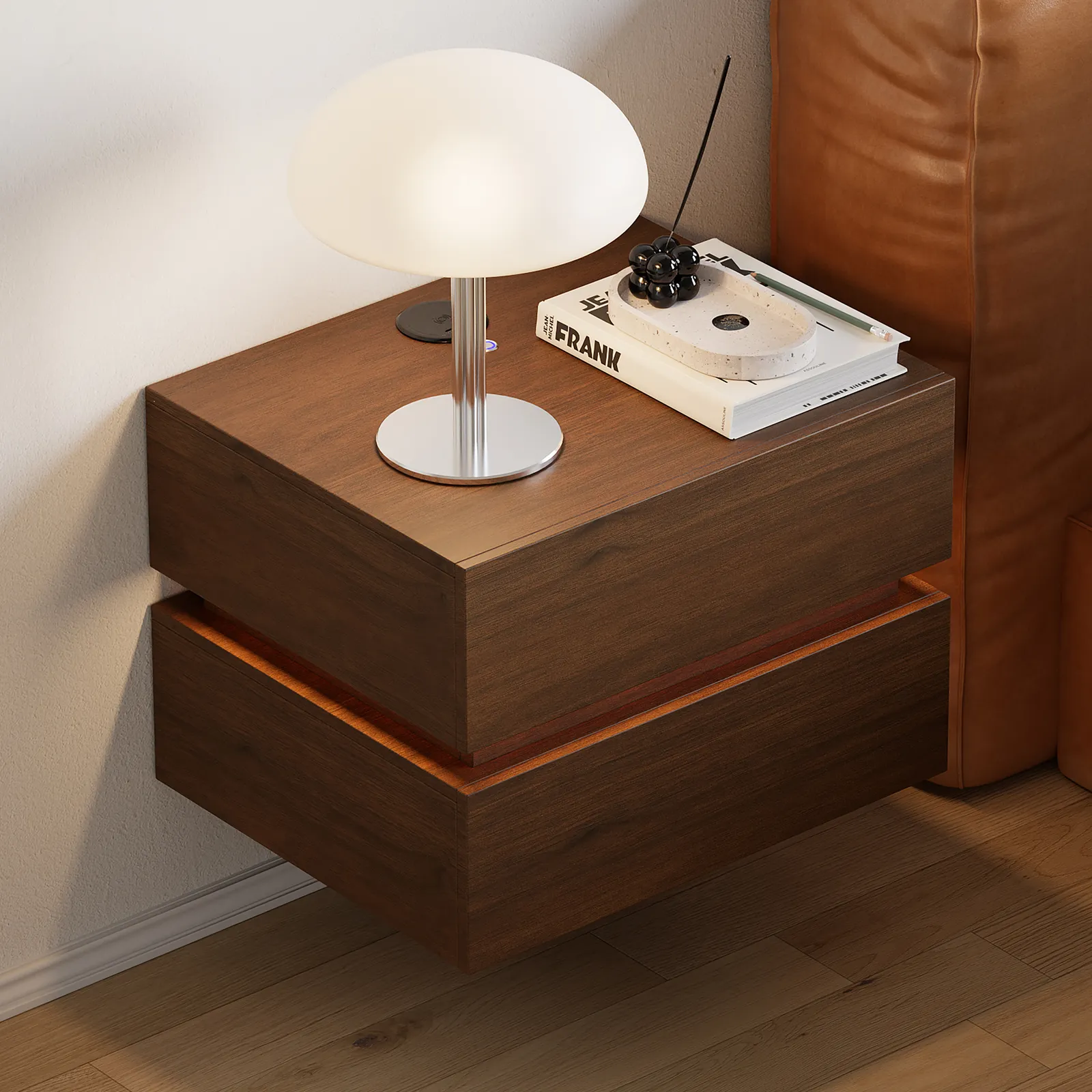 Floating Smart LED Bedside Table Wireless Charging Station Bedside Table with Light White