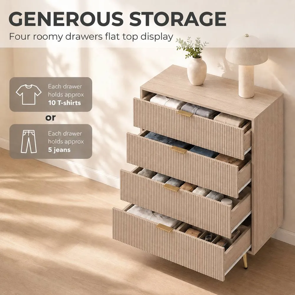 HOMCOM Bedroom Chest of Drawers with 4 Drawers & Gold-Tone Handles Natural 5