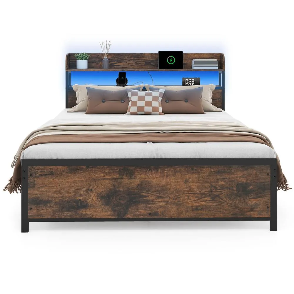 Costway King Size Platform Bed Bed Frame with LED Lights & Power Outlets in Brown 6