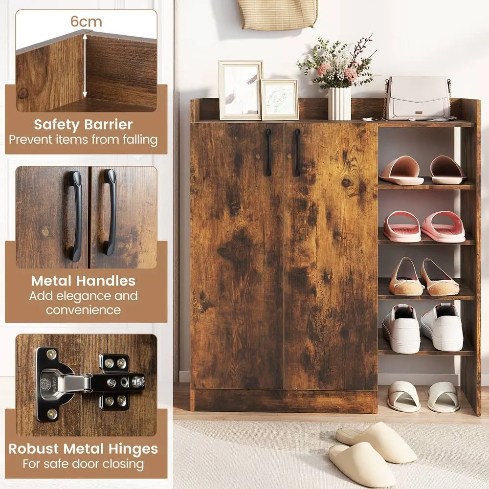 Costway Industrial Shoe Cabinet Shoe Wooden Storage Organizer w/4 Open Shelves in Brown 5