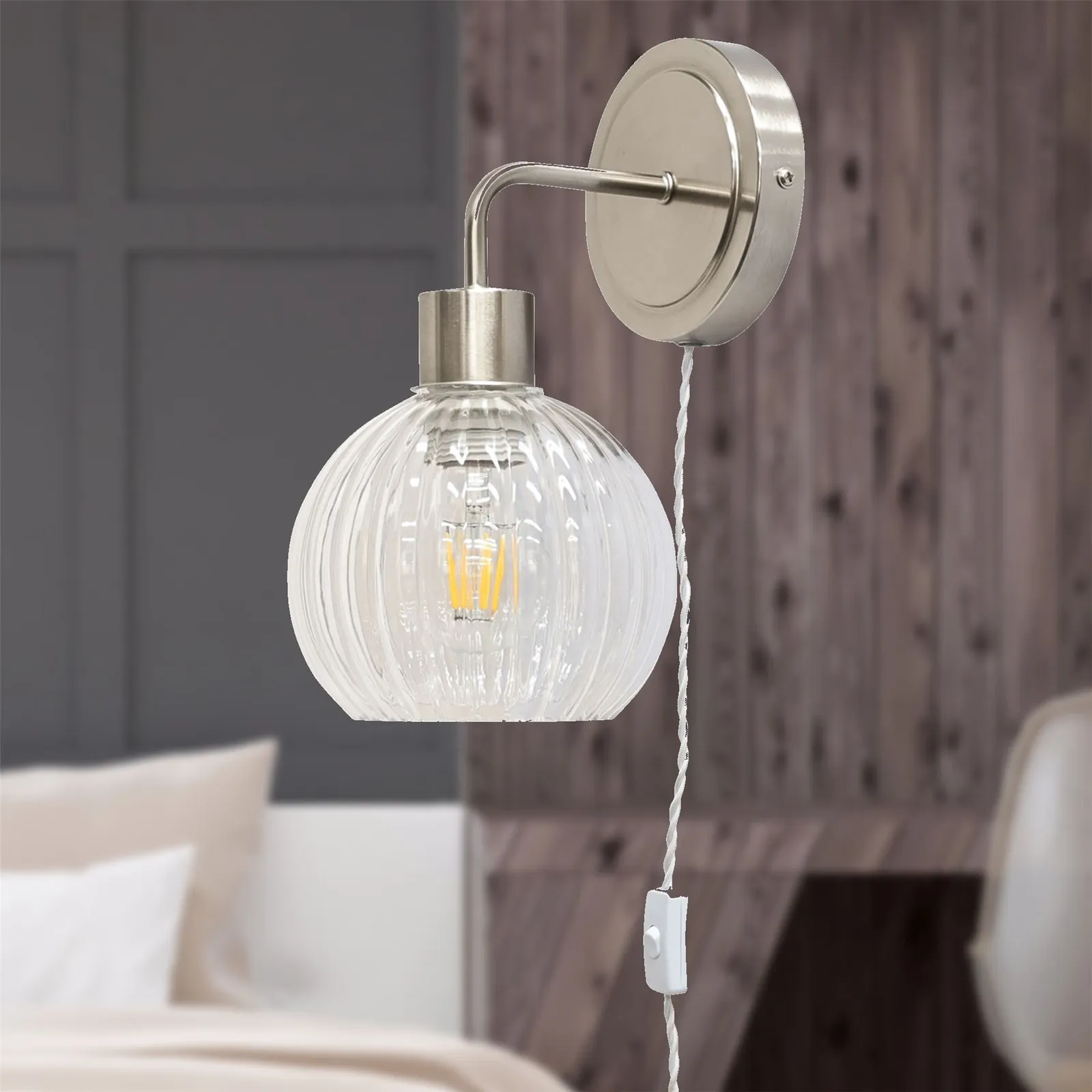 First Choice Lighting Toby - Satin Nickel Plug in Wall Light Fitting Glass Not Included in Silver 4