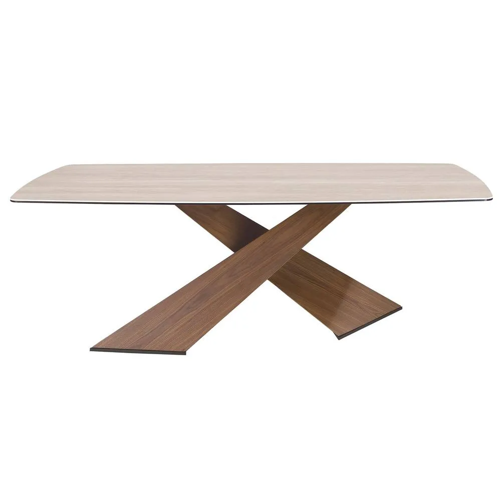 Angel Cerda Oval dining table with barrel-shaped porcelain marble & walnut top in Light Sand 2