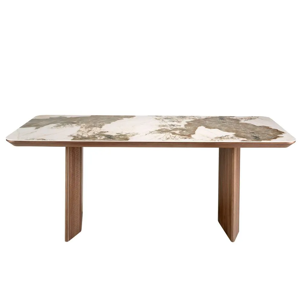 Angel Cerda Rectangular Porcelain Marble Dining Table with Walnut in White 2