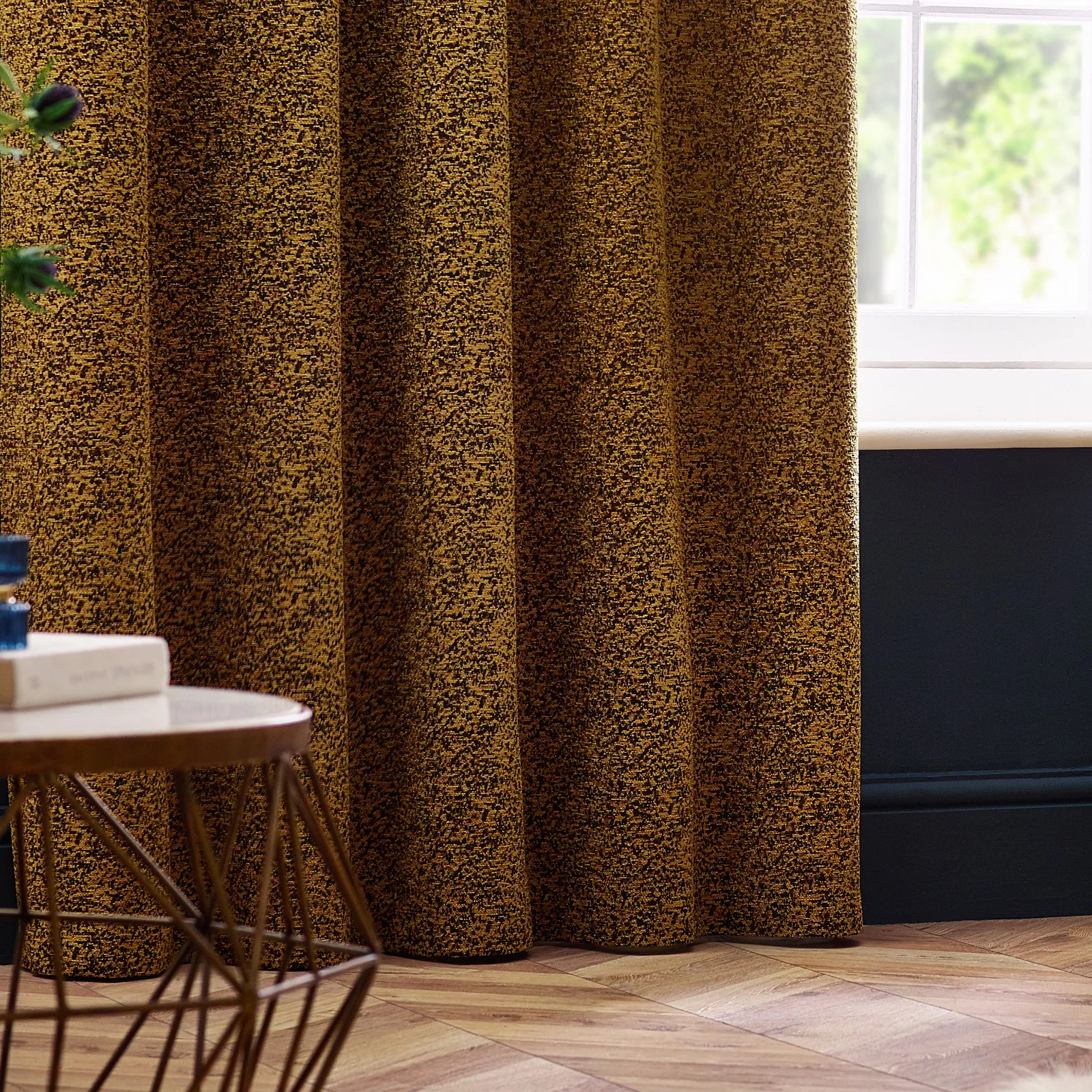Paoletti Galaxy Velvet Chenille Eyelet Curtain Pair in Gold 4