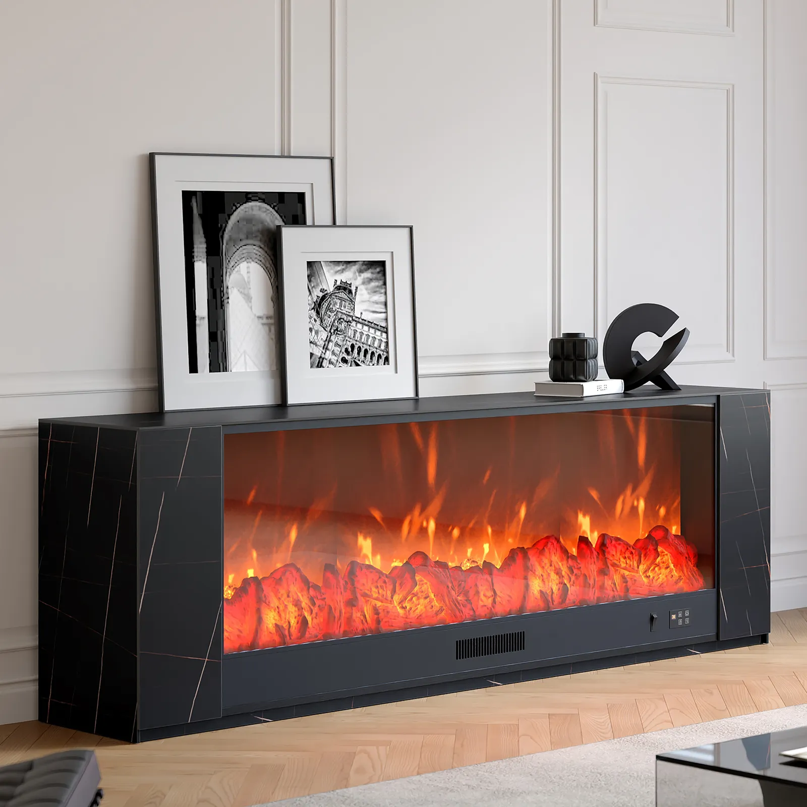 180 cm Modern White Sintered Stone Electric Fireplace TV Stand with Remote Control Temperature Adjustable