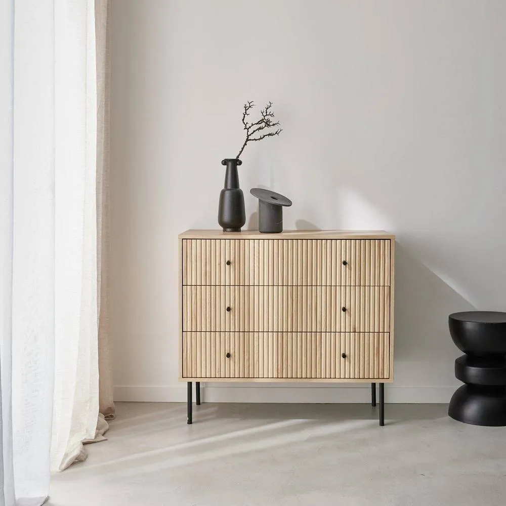 sweeek 3-drawer Chest With Grooved Wooden-effect in Light Brown