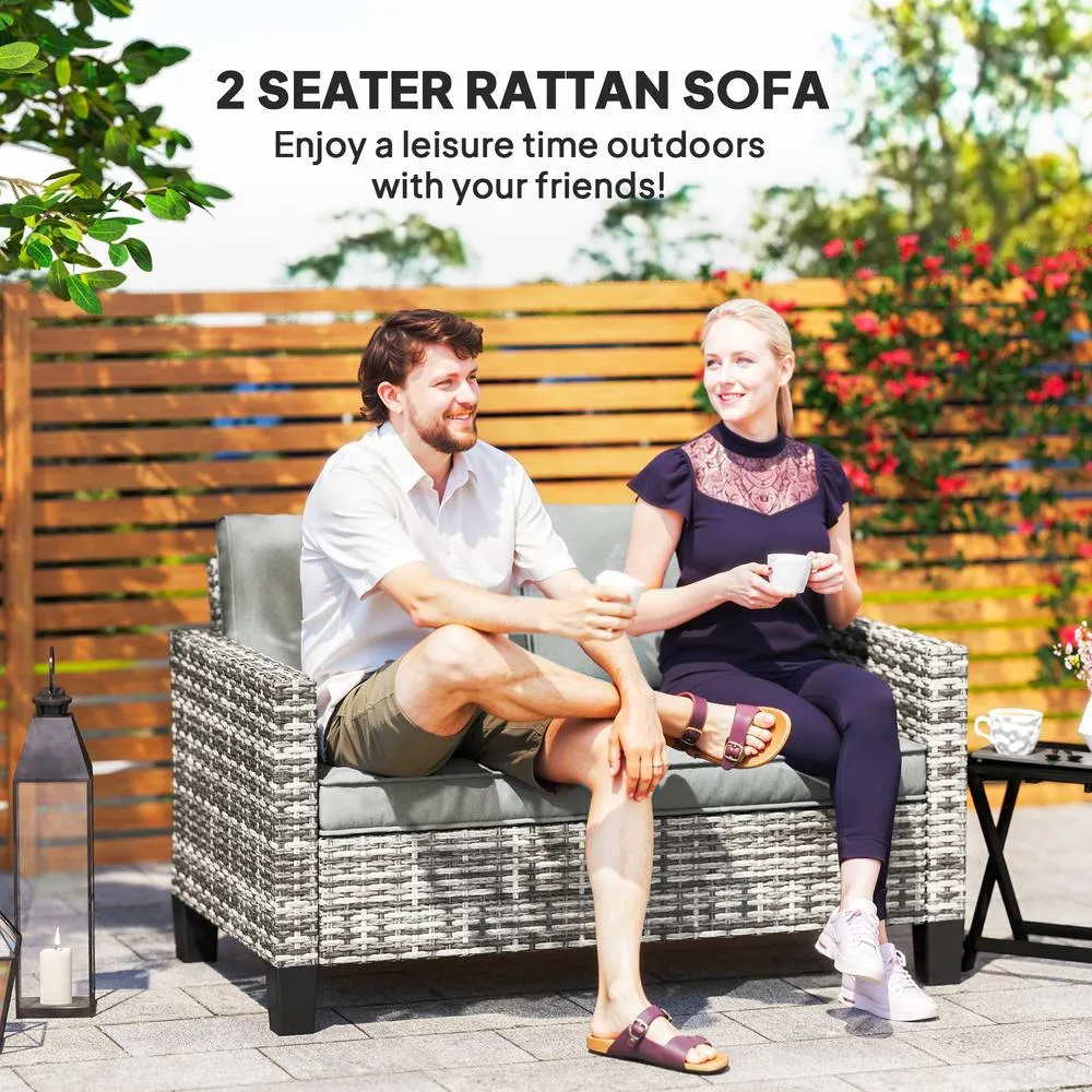 OUTSUNNY Rattan Sofa with Cushions, 2 Seater Garden Furniture in Light Grey 4