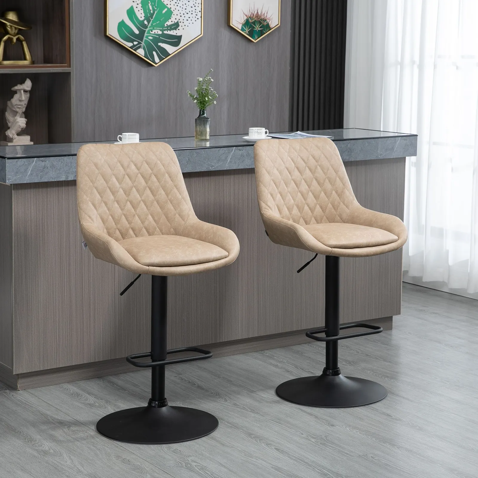 HOMCOM PU Leather Padded Bar Stools Set of 2 with Metal Base in Khaki