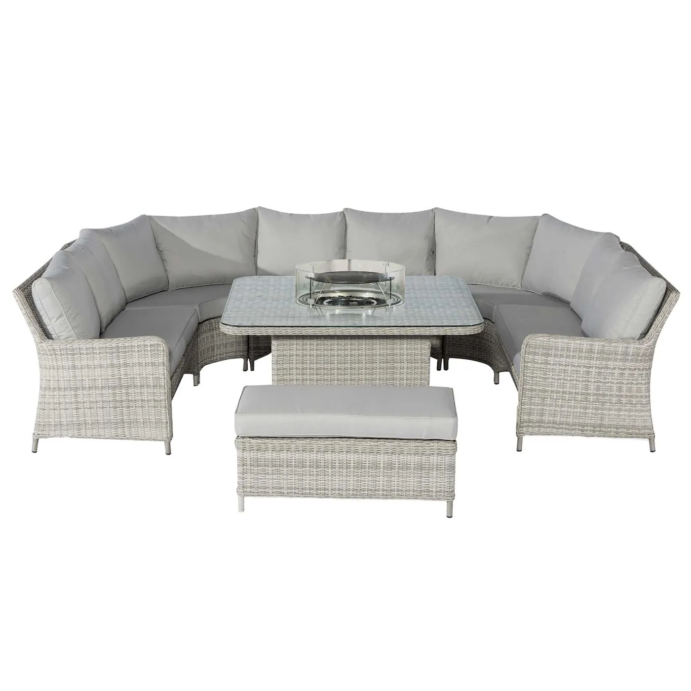 Hathaway Royal U-Shaped Garden Sofa Set with Fire Pit in Light Grey Weave and Grey Fabric