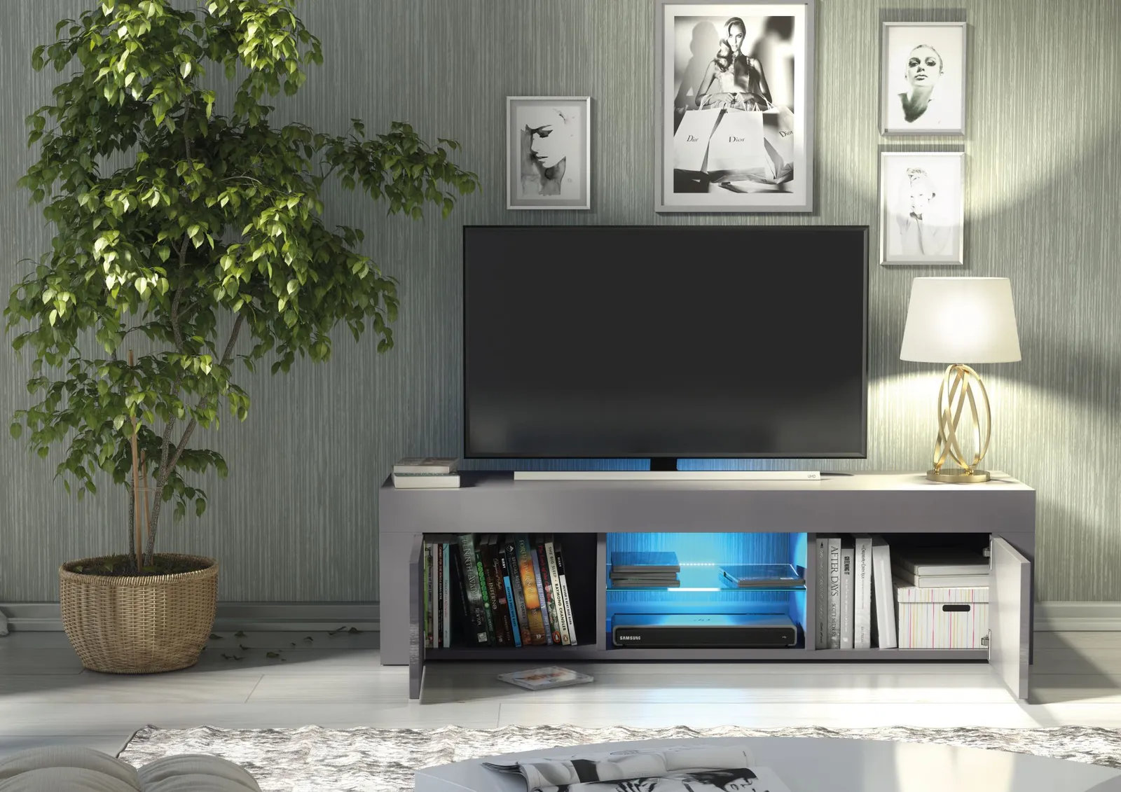 Creative Furniture Loom TV Unit 130cm - A Minimalist & Sophisticated Cabinet with Gloss Doors & LED Lights in Dark Grey 6
