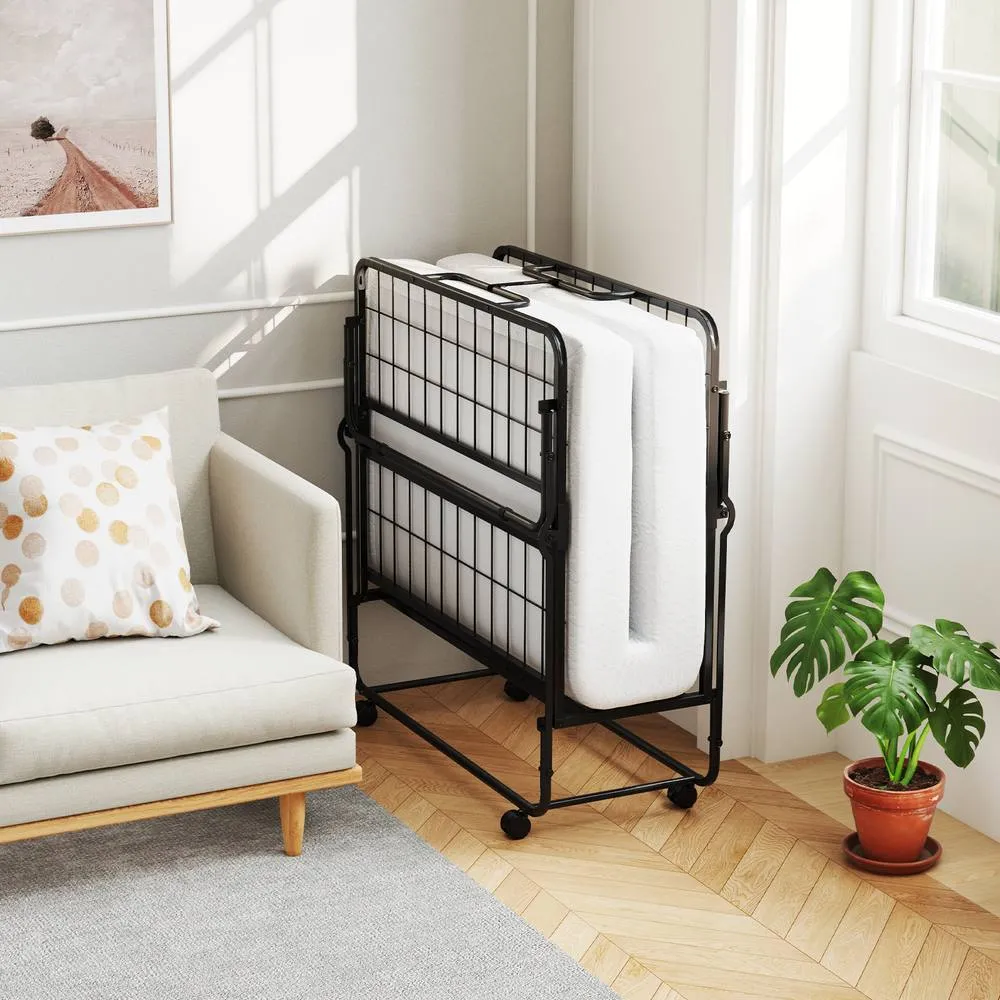 Costway Folding Bed w/ Mattress Single Size Rollaway Guest Bed w/Memory Foam in White 5