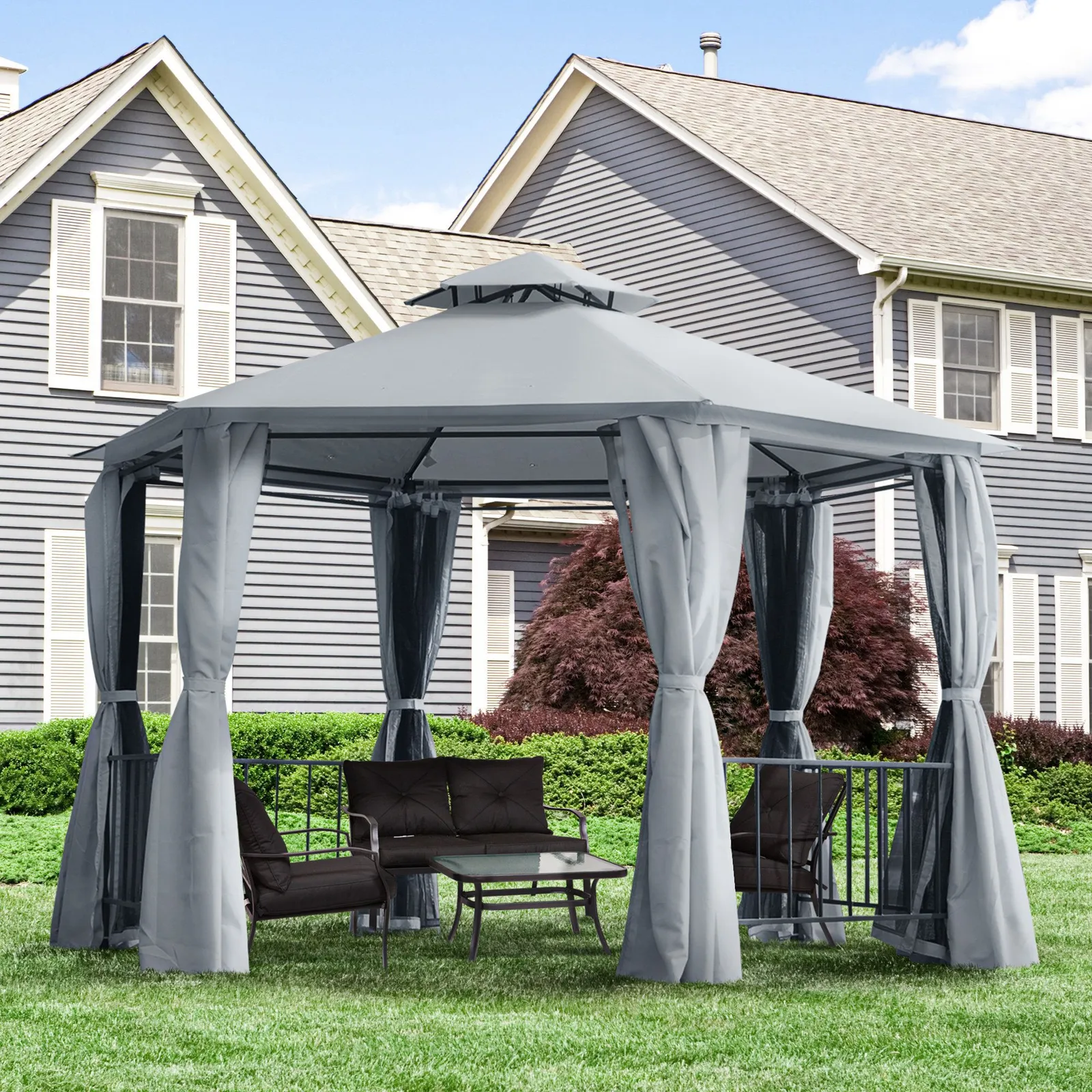 OUTSUNNY Gazebo Canopy 2 Tier Patio Shelter Steel for Garden in Grey