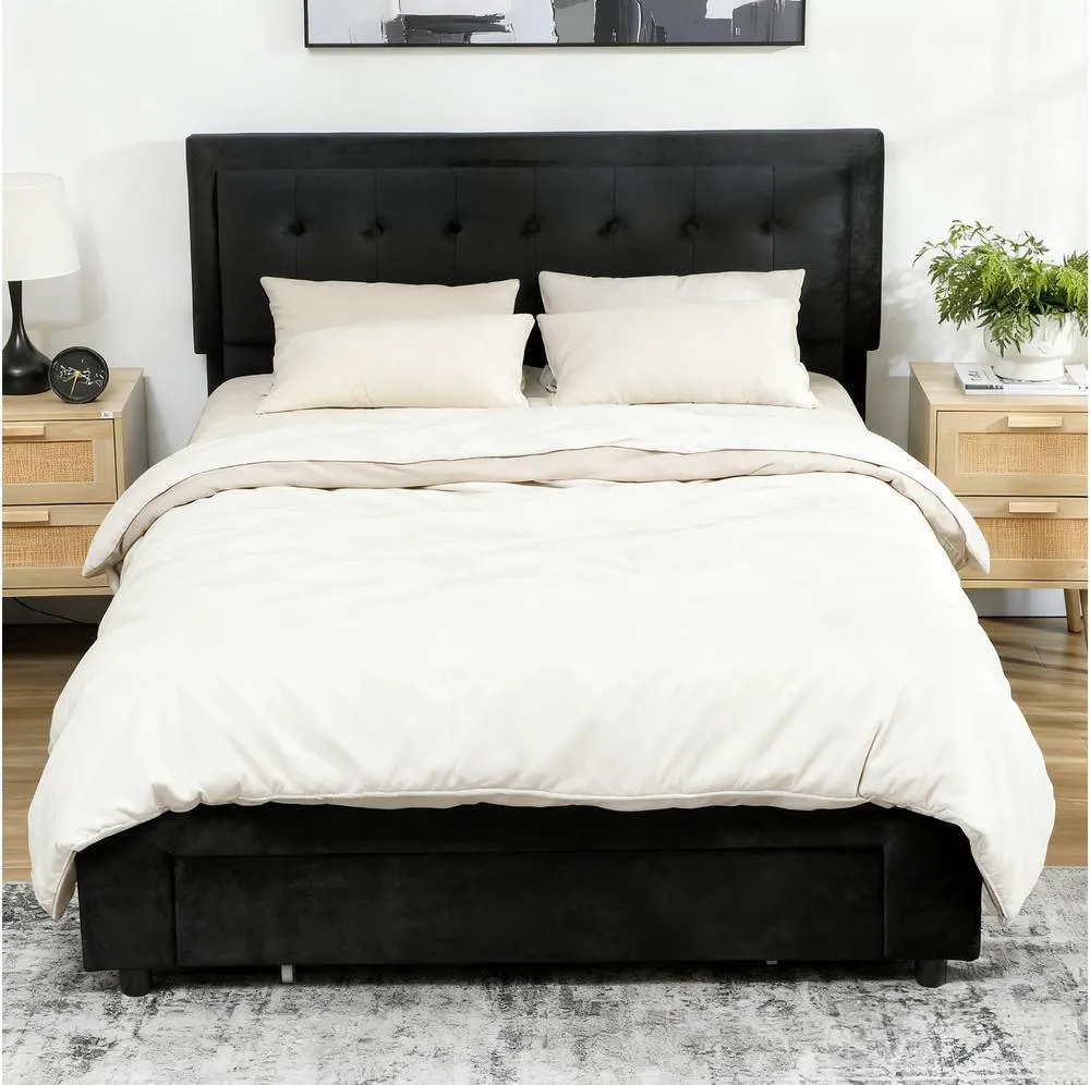 HOMCOM 5ft Double Bed Frame with Storage & Adjustable Headboard, Black