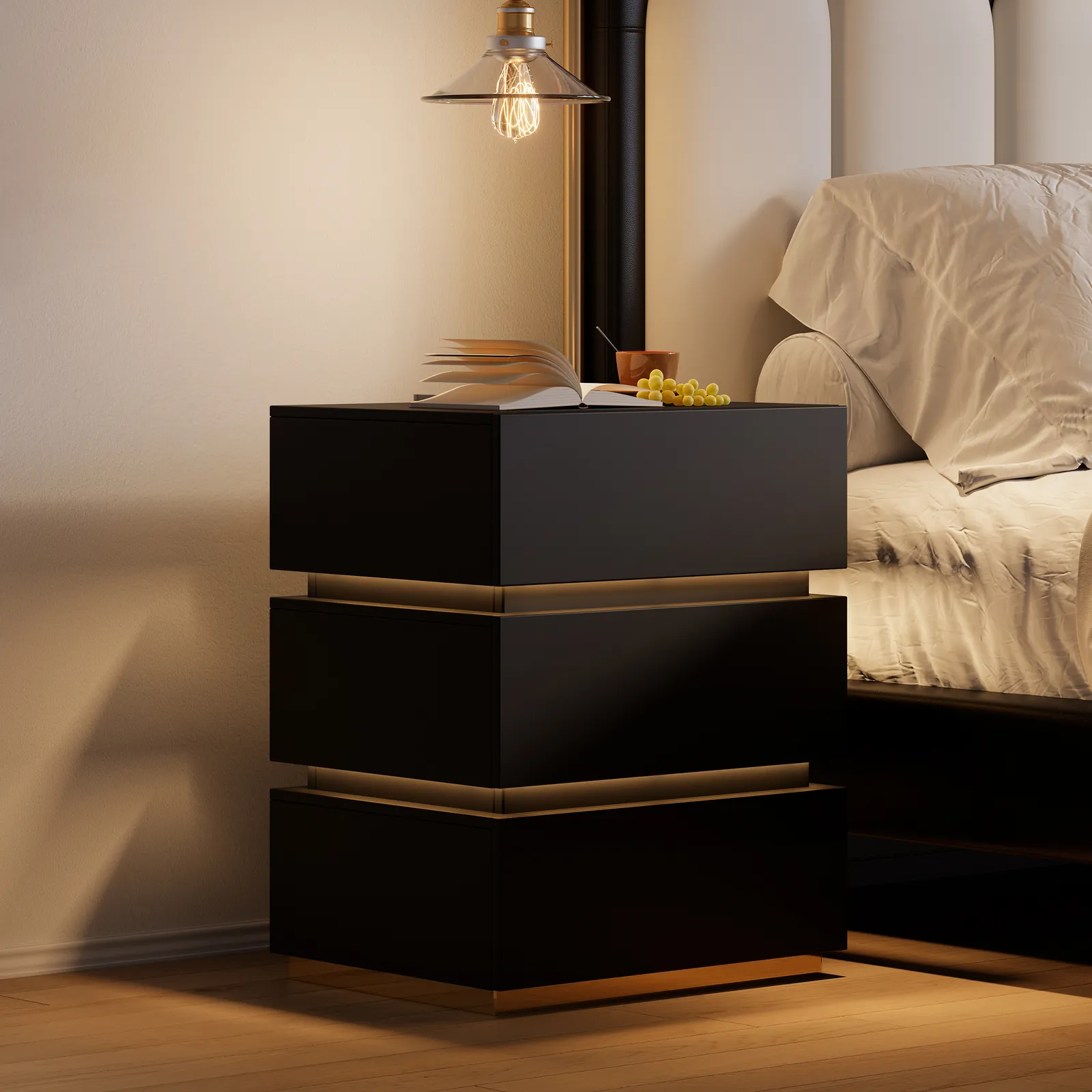 Smart LED 3-Drawer Bedside Table Wireless Charging Station Bedside Table with Light Modern Black