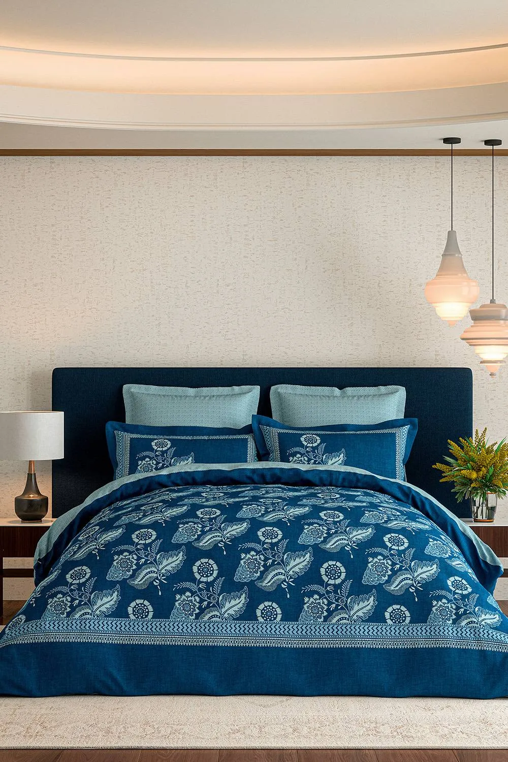 V&A 'Eastern Bloom' Cotton Duvet Cover Set in Indigo
