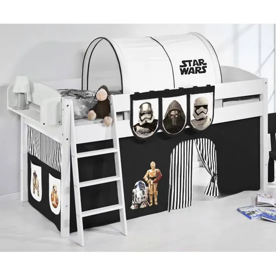 Lilla Children Bed In White With Star Wars Black Curtains