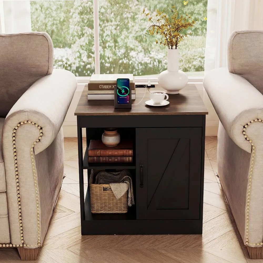 Costway Farmhouse Nightstand w/Charging Station Wooden Bedside Table End Table in Black 4