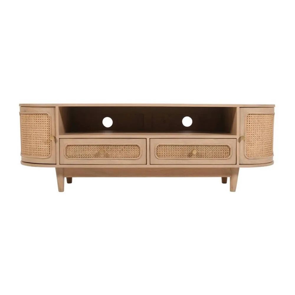 Indian Hub Valencia 2 Drawers & 2 Door TV Cabinet - Cane & Mango Wood in Light Brown