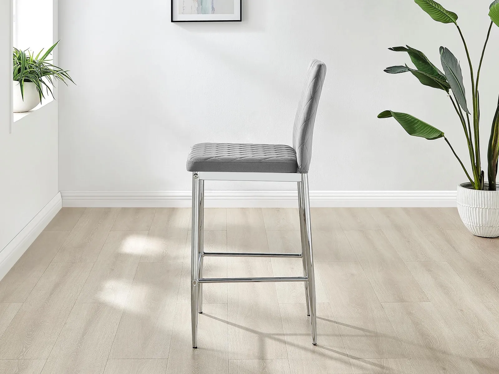 FurnitureboxUK Set of 2 Milan Soft Touch Hatched Velvet Padded Counter Stools With Silver Chrome Metal Legs in Grey 4
