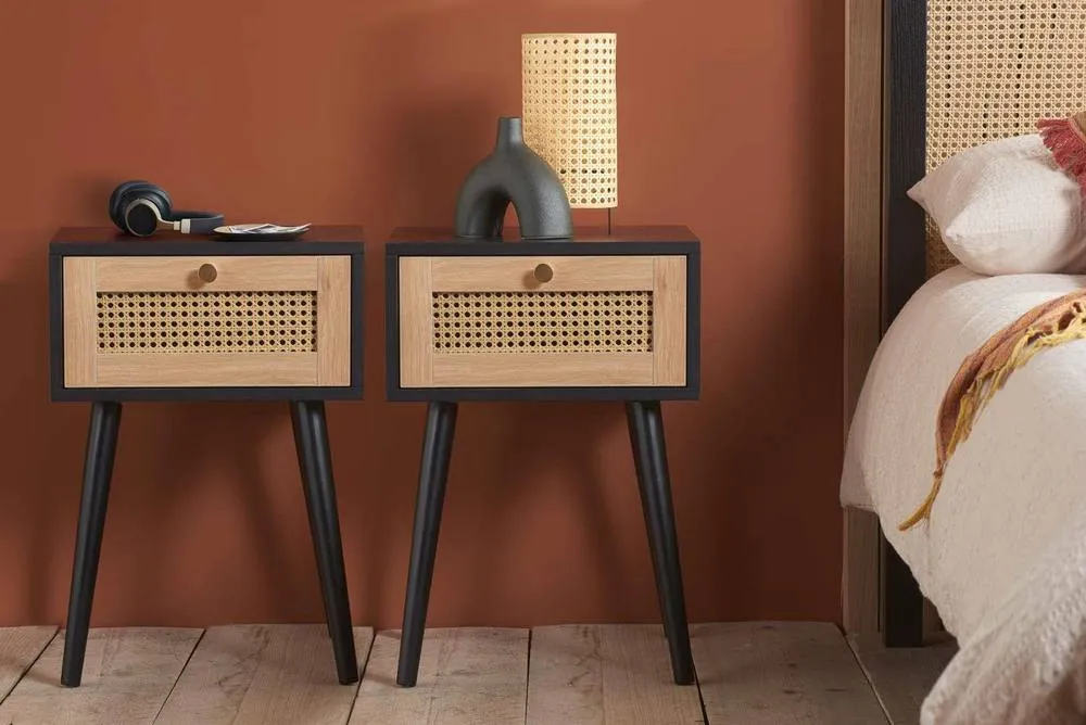 Birlea Pair of Bedside 1 Drawer Cabinet Rattan Croxley Side Table Black