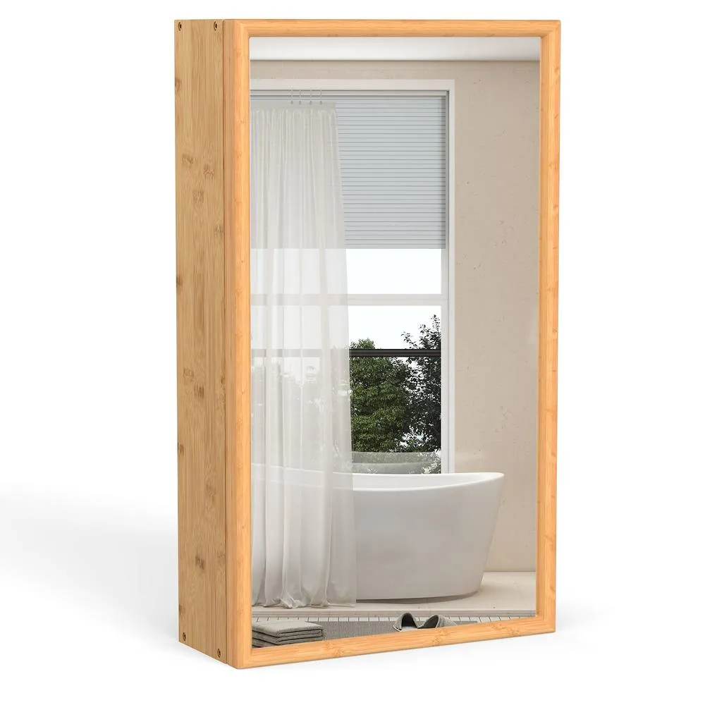 Costway Bathroom Wall Cabinet Bamboo Medicine Cabinet w/Mirror & 2 Shelves in Natural