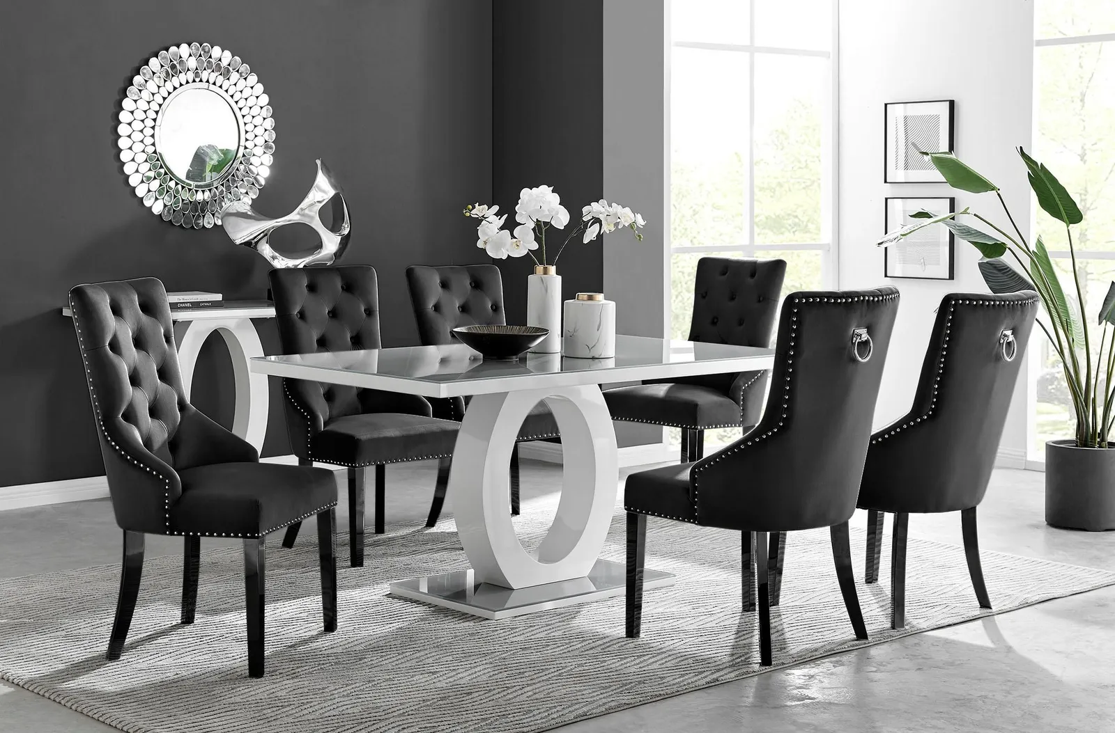 FurnitureboxUK Giovani 6-Seater Grey Glass Dining Table & 6 Belgravia Velvet Dining Chairs in Black 1
