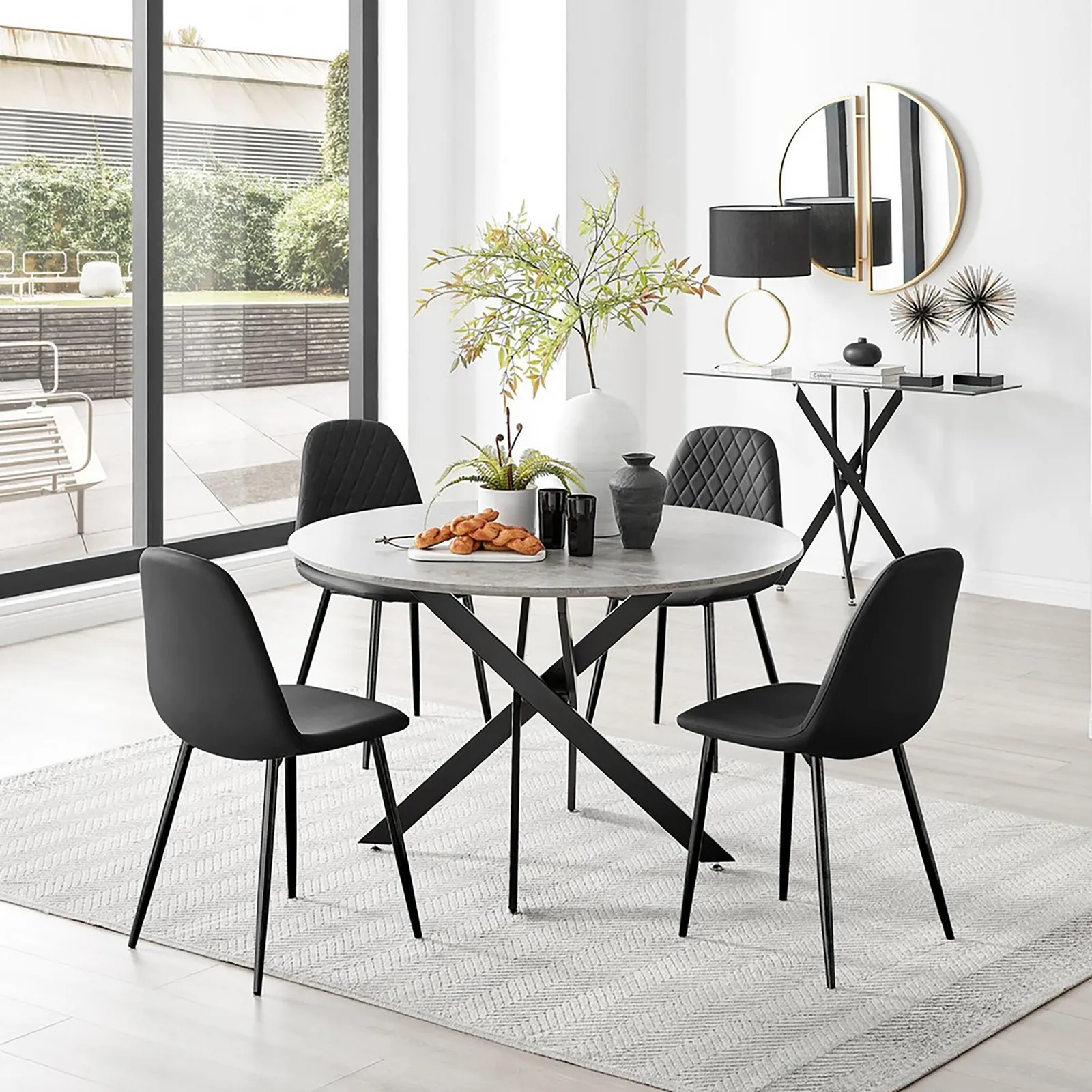 FurnitureboxUK Novara Grey Concrete Effect Black Leg 120cm Round Dining Table & 4 Corona Black Leg Chairs 1