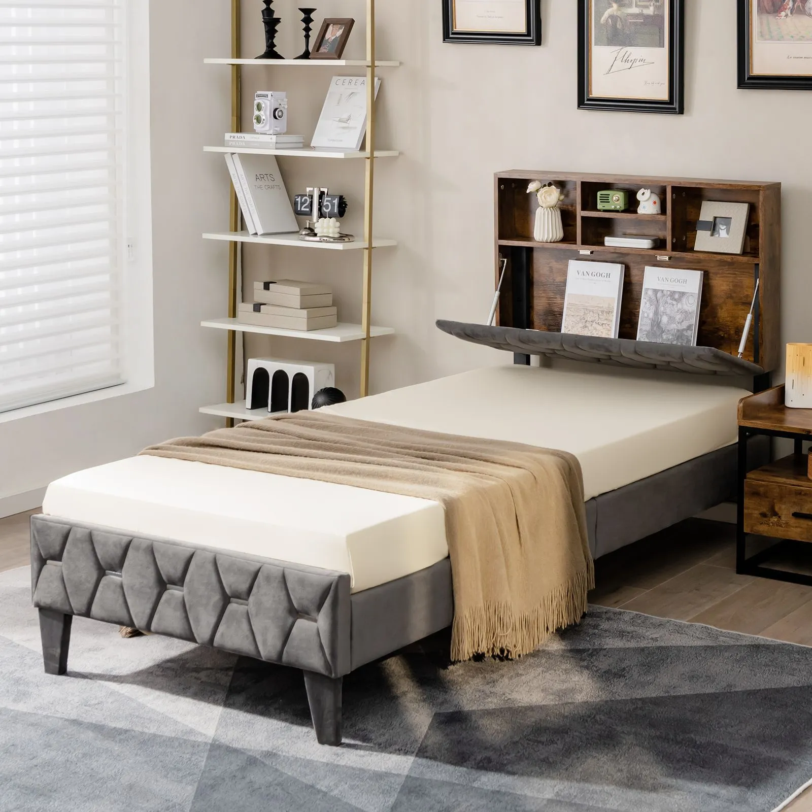 Costway Single Size Bed Frame Upholstered Platform Bed Slat Support W/ Storage Headboard in Grey 6