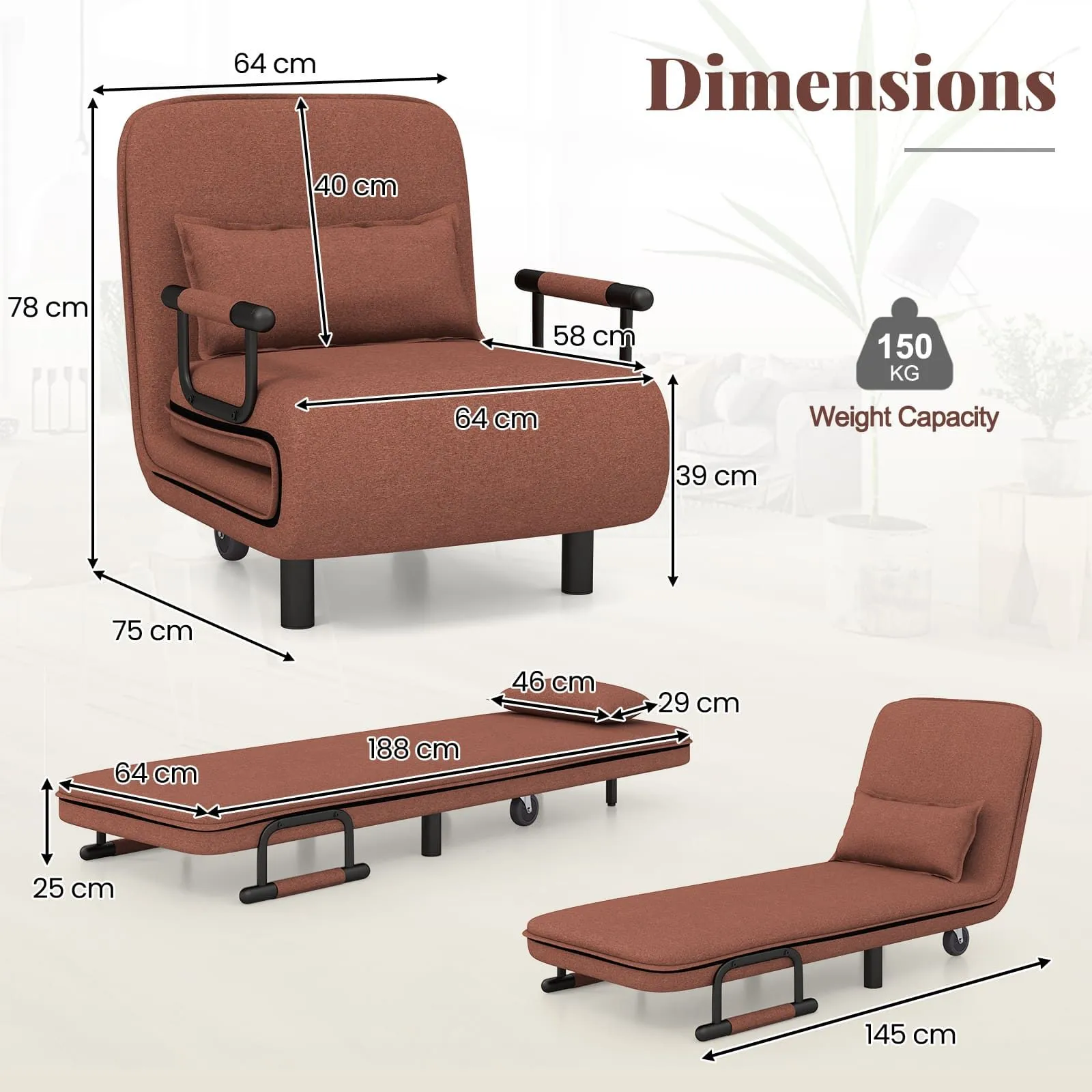 Costway Single Folding Sofa Bed Chair Modern Fabric Sleep Function Holder-Coffee in Dark Brown 2