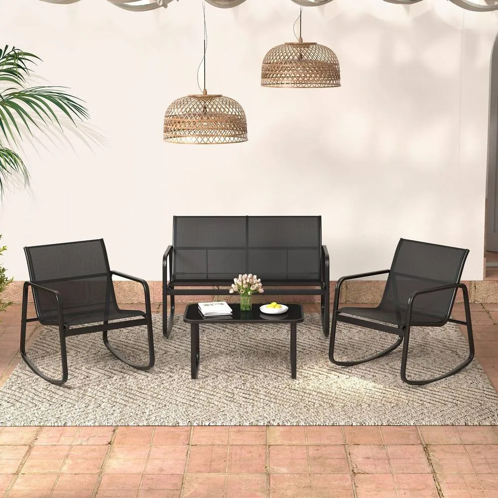 Costway 4 PCS Patio Rocking Set Outdoor Rocker Chair Conversation Set in Black 5
