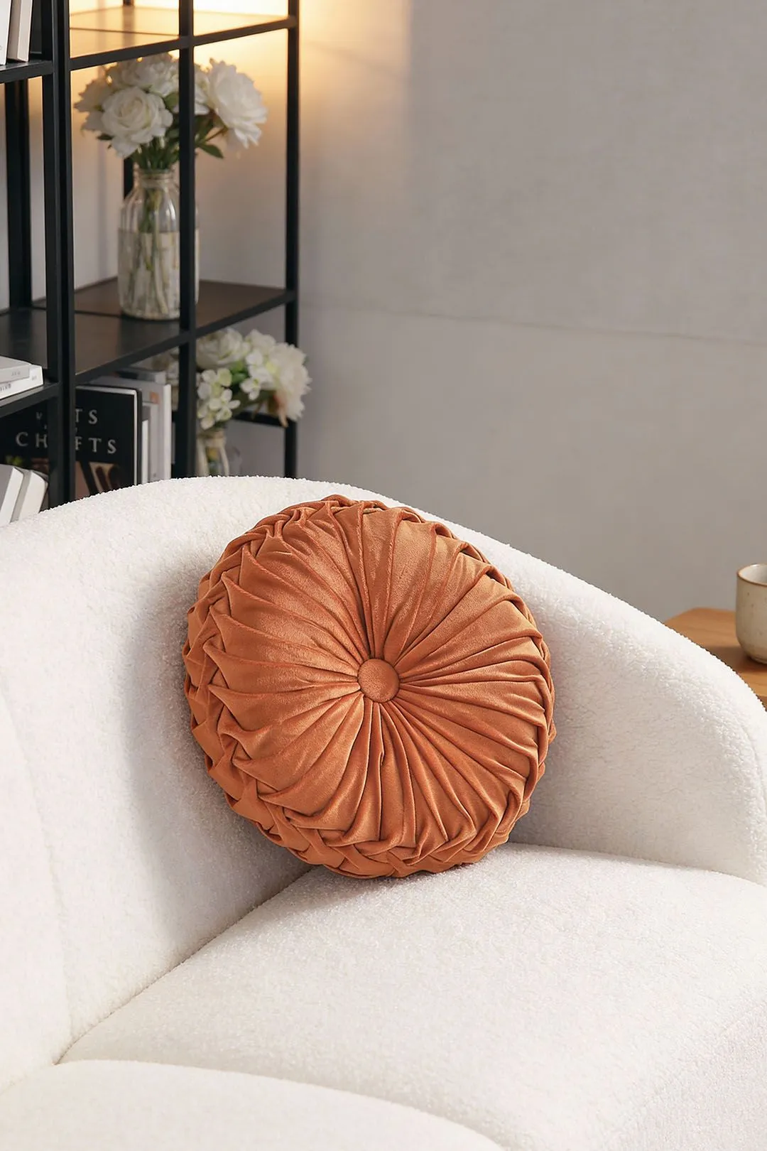 Living and Home 45cm Round Throw Pillow Velvet Home Decoration Pleated Round Pillow Cushion in Orange