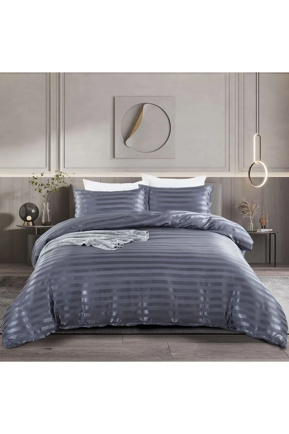 Living and Home Grey Striped Satin Accent Single Duvet Cover Set - 135x200cm Duvet & 50x75cm Pillowcase