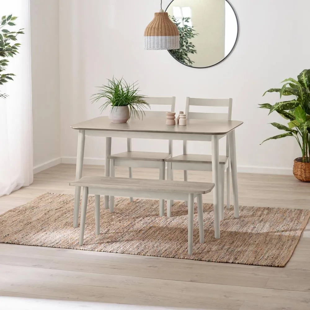 FurnitureboxUK Lynton Small White & Grey Wooden Dining Table with 2 Chairs & Bench in Light Grey