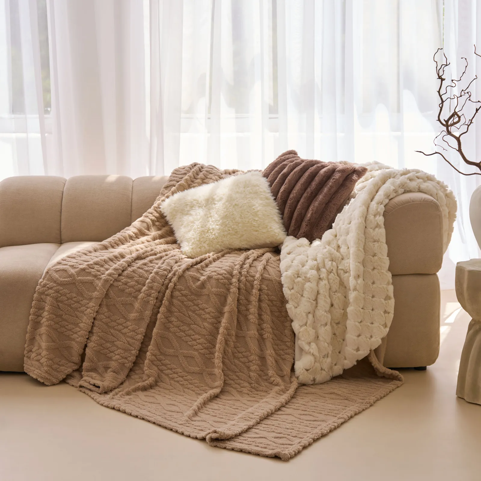 OHS Cable Knit Design Fleece Throw Ultra Soft Fluffy Blanket for Family in Natural