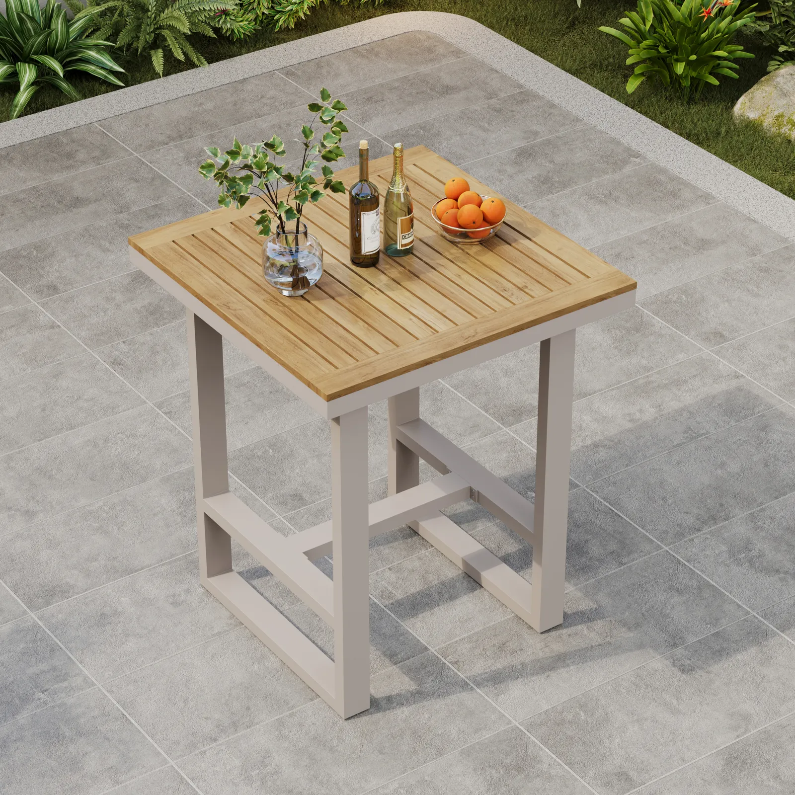 Tevara Outdoor Square Bar Table with Teak Wood Slat Top & Aluminum Frame in Sand