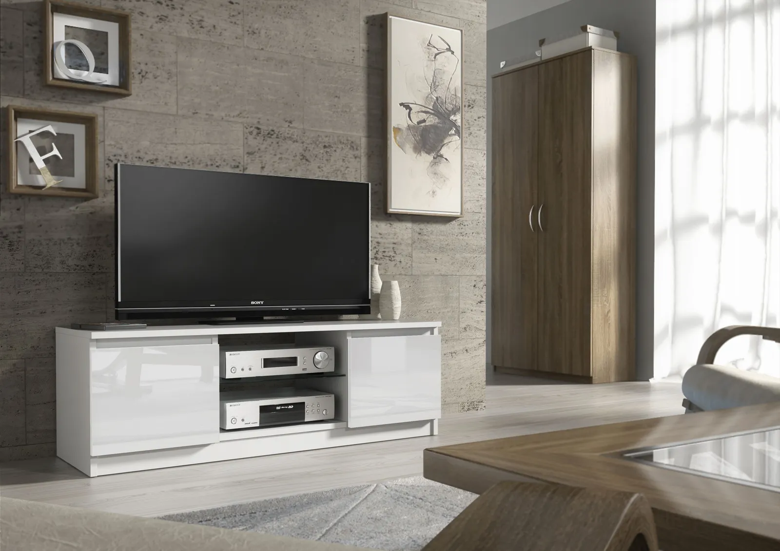 Creative Furniture TV Unit 120cm Modern - White with High Gloss Doors 2
