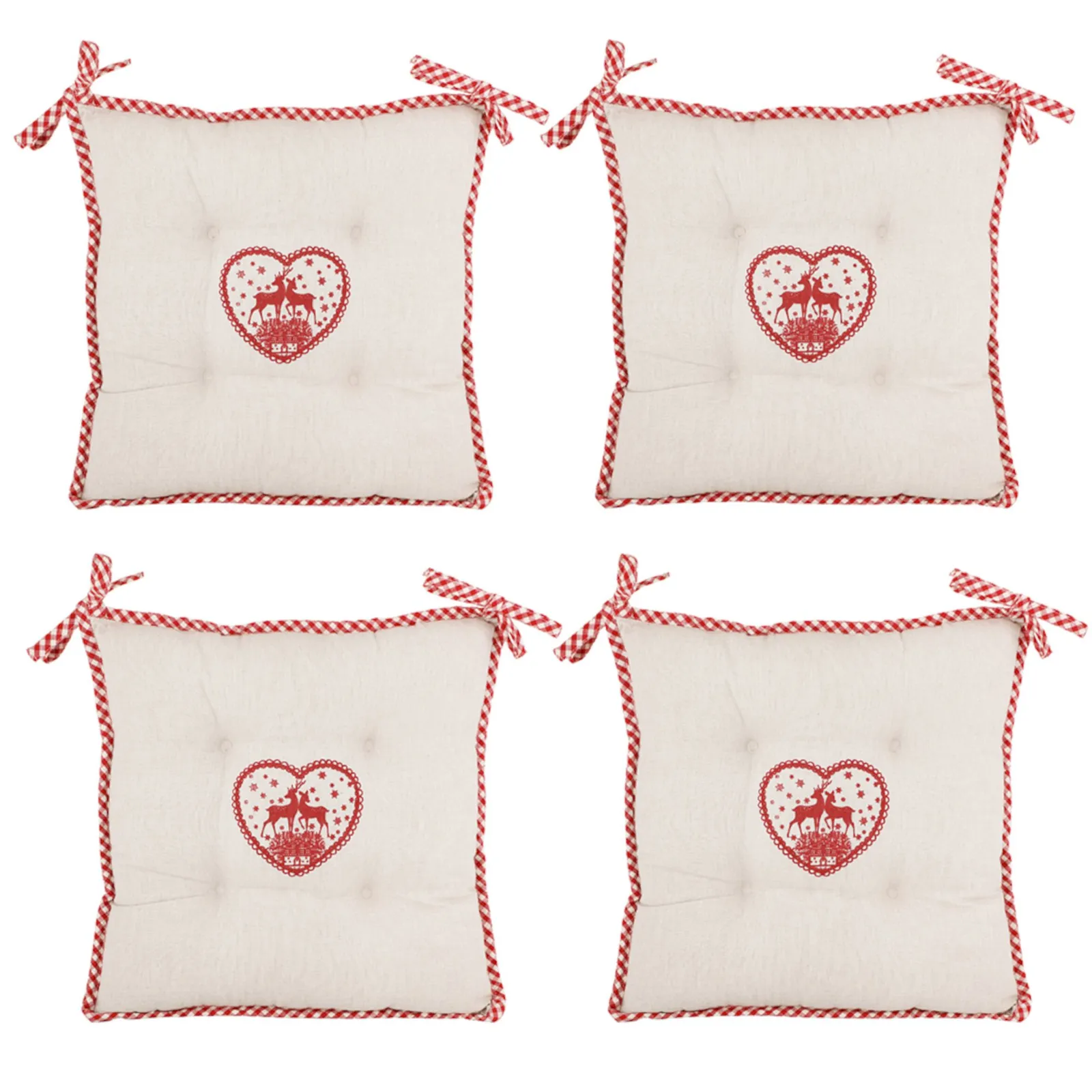 Dibor Set of 4 Gingham Stag Indoor Outdoor Chair Seat Pad Garden Cushions L40cm x W40cm in White
