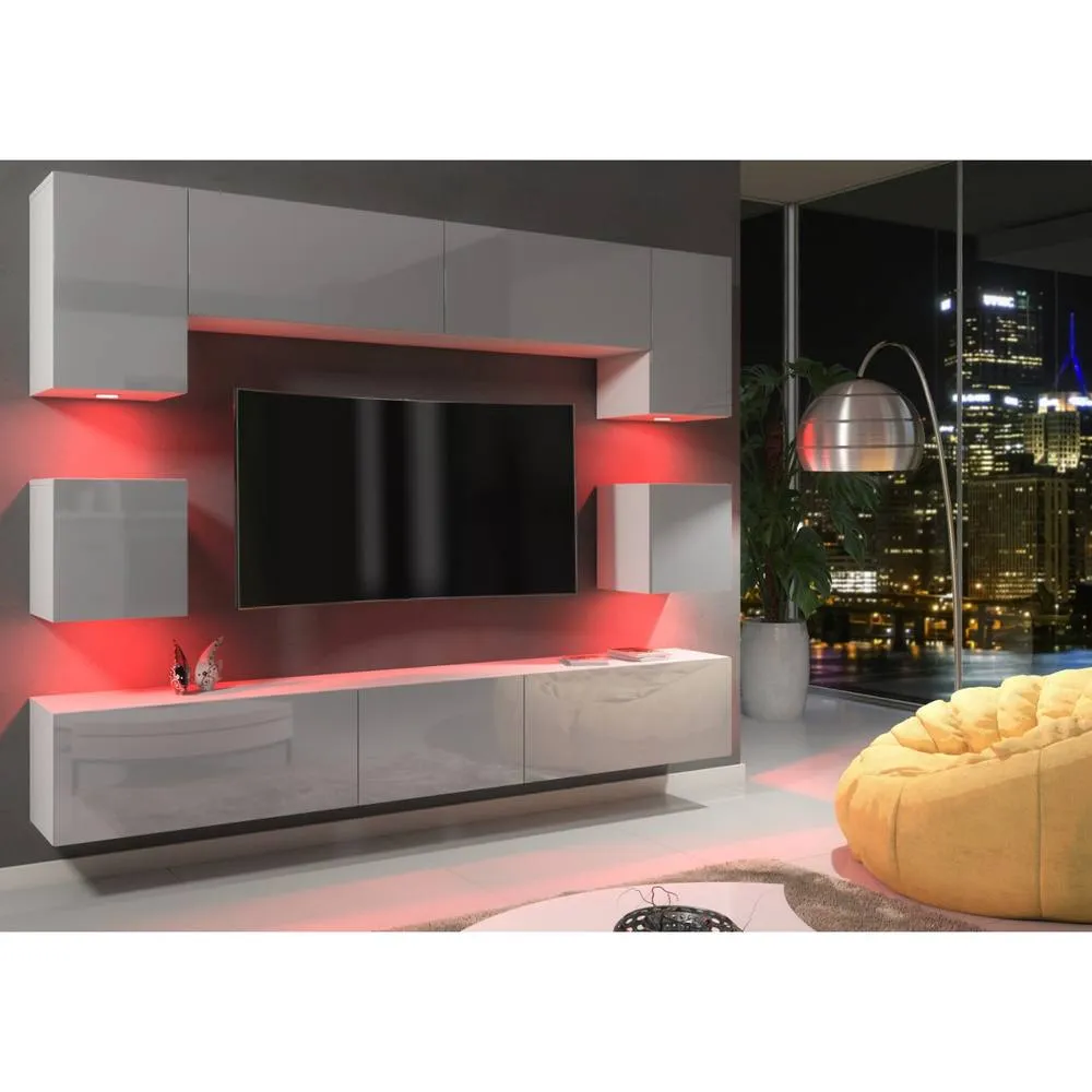 Creative Furniture Panorama Wall TV Unit - White & Grey Gloss Doors & LED Lights 6