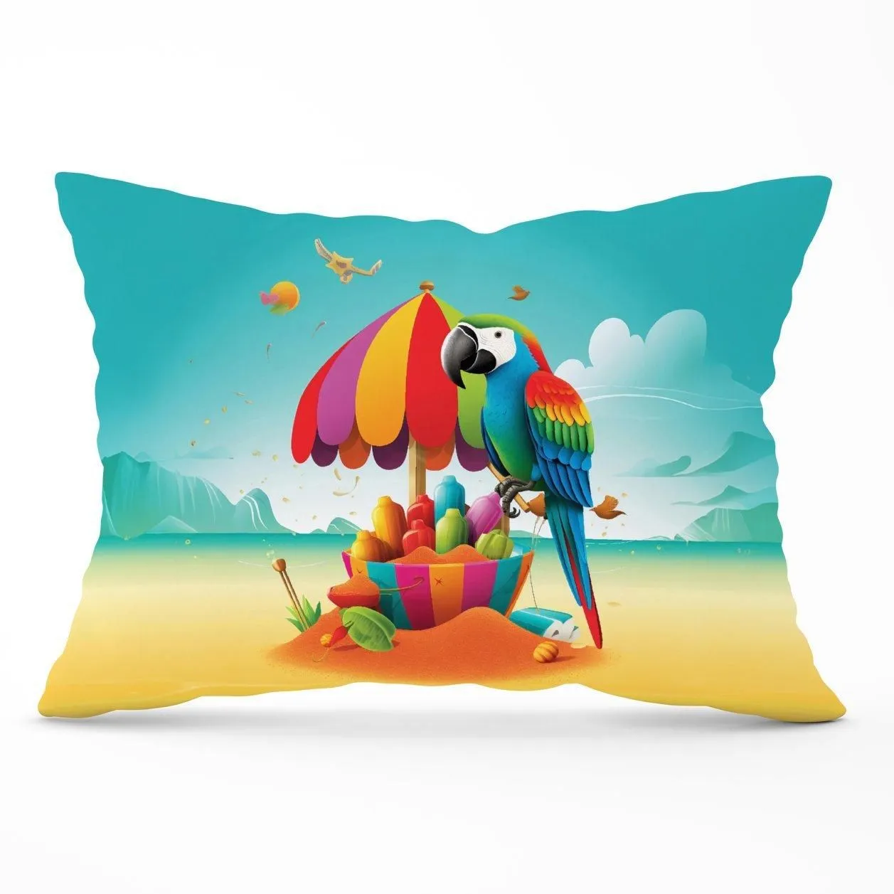 Warren Reed - Designer Parrot On A Beach Holiday Cushions in Yellow