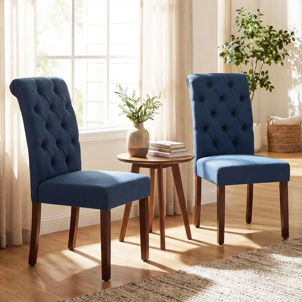 Costway 2PCS Upholstered Dining Chairs Button Tufted Chairs w/Padded Seat in Blue 3