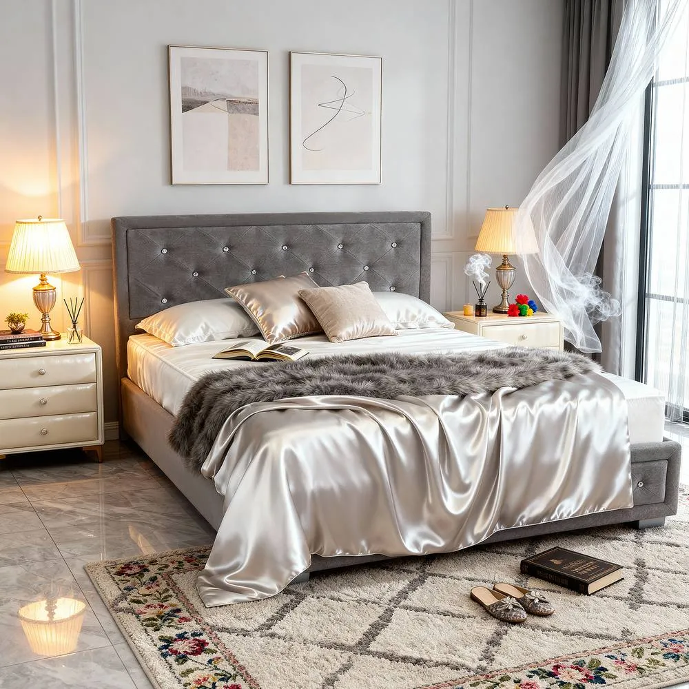 Comfy Living Ltd Grey Fabric Diamante Ottoman Bed Frame 1