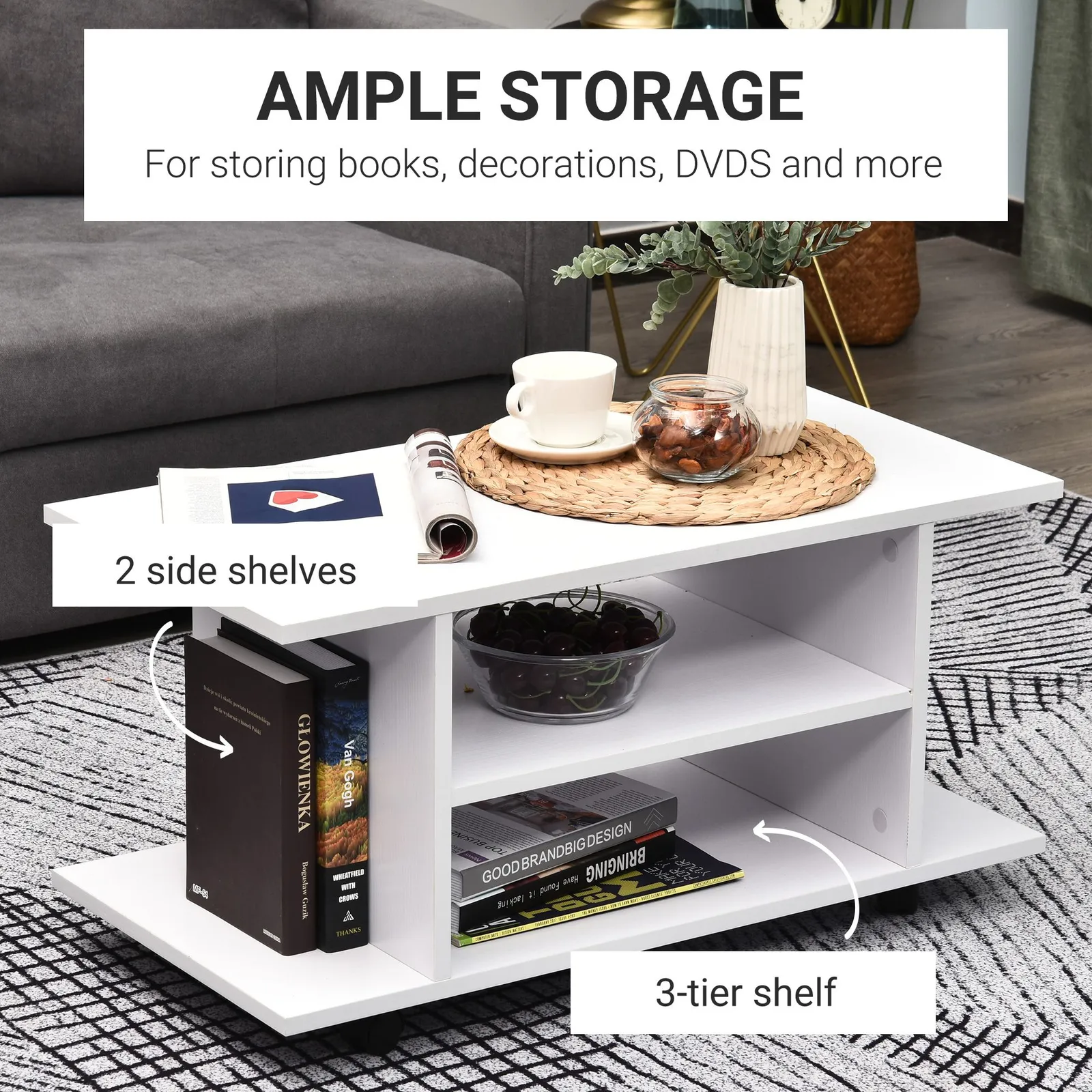 HOMCOM Modern TV Cabinet Stand 3 Tier shelf Storage Shelves Table Wheels in White 4