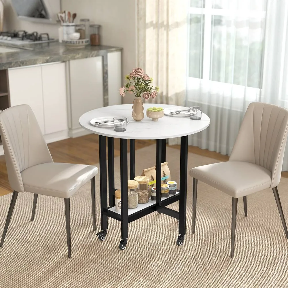 HOMCOM Folding Dining Table, Drop Leaf Table with Open Shelf, White Marble
