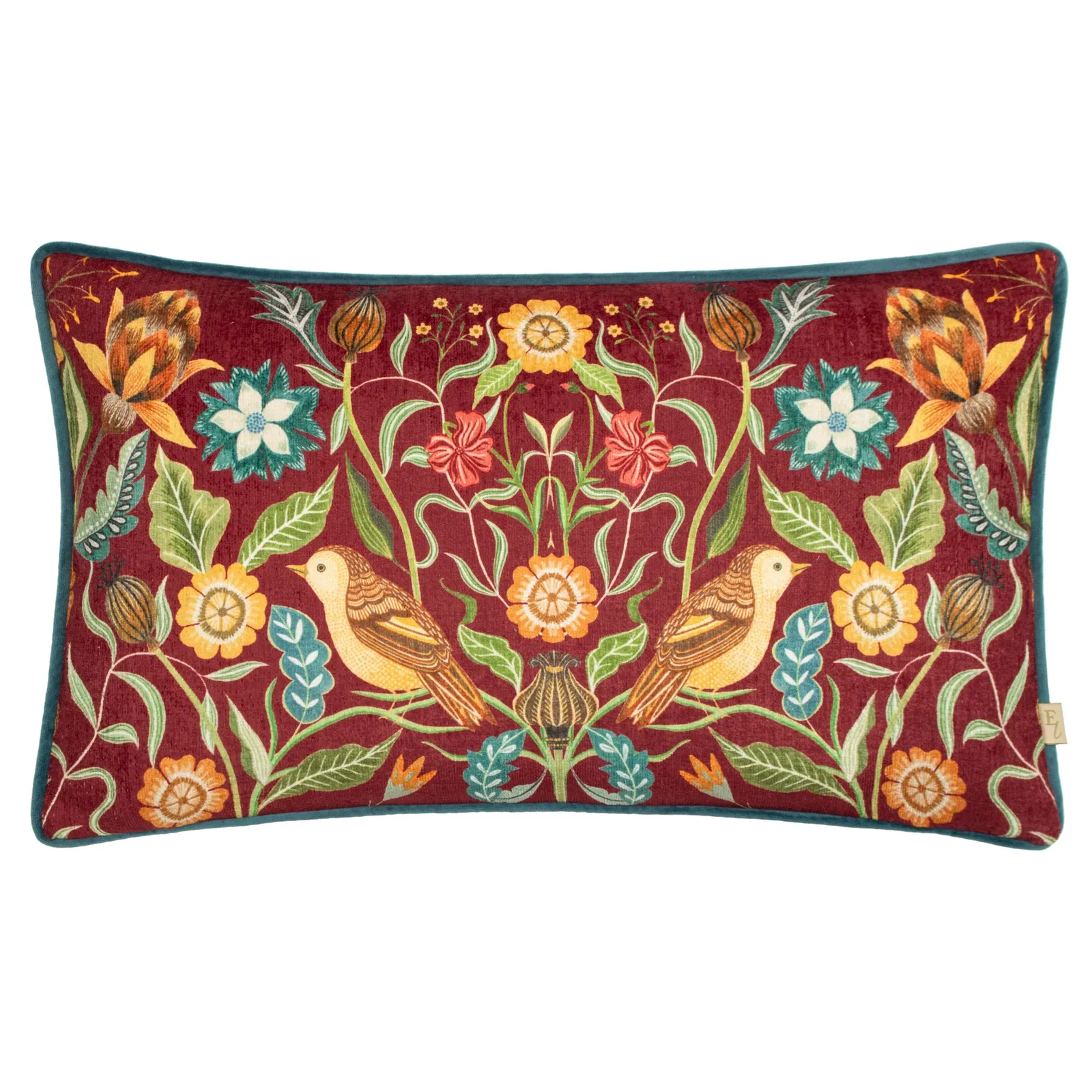 Evans Lichfield Hawthorn Birds Chenille Piped Cushion in Burgundy