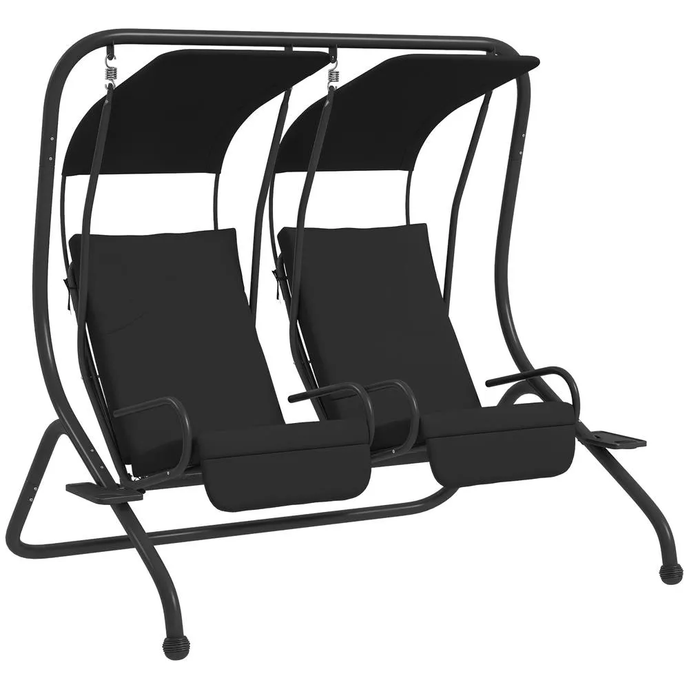 OUTSUNNY Canopy Swing 2 Separate Relax Chairs w/ Handrails, Cup Holders in Black 2