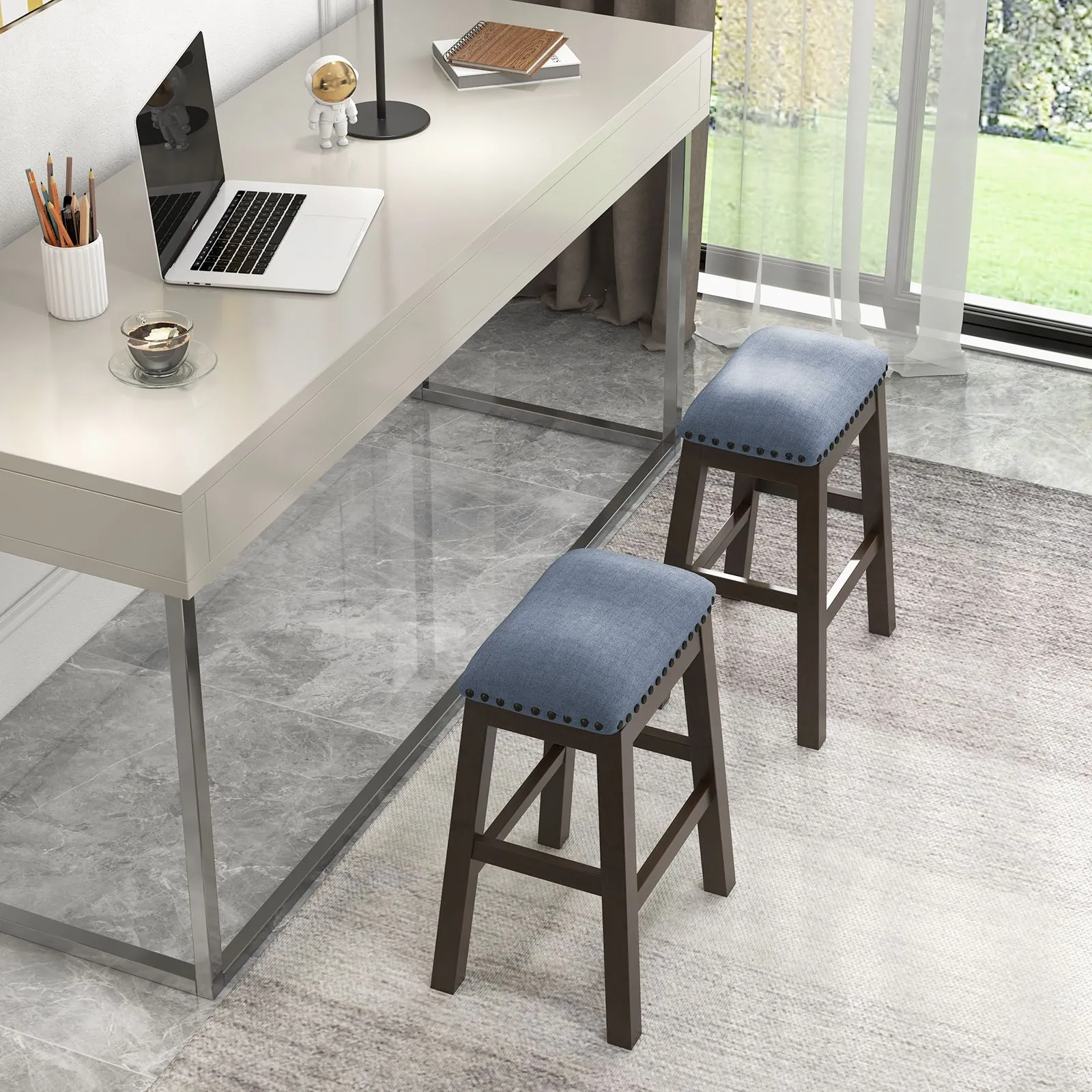 Costway 2-Piece Padded Bar Stool Set 62cm Rivet-Tufted Kitchen Island Stools in Brown 6
