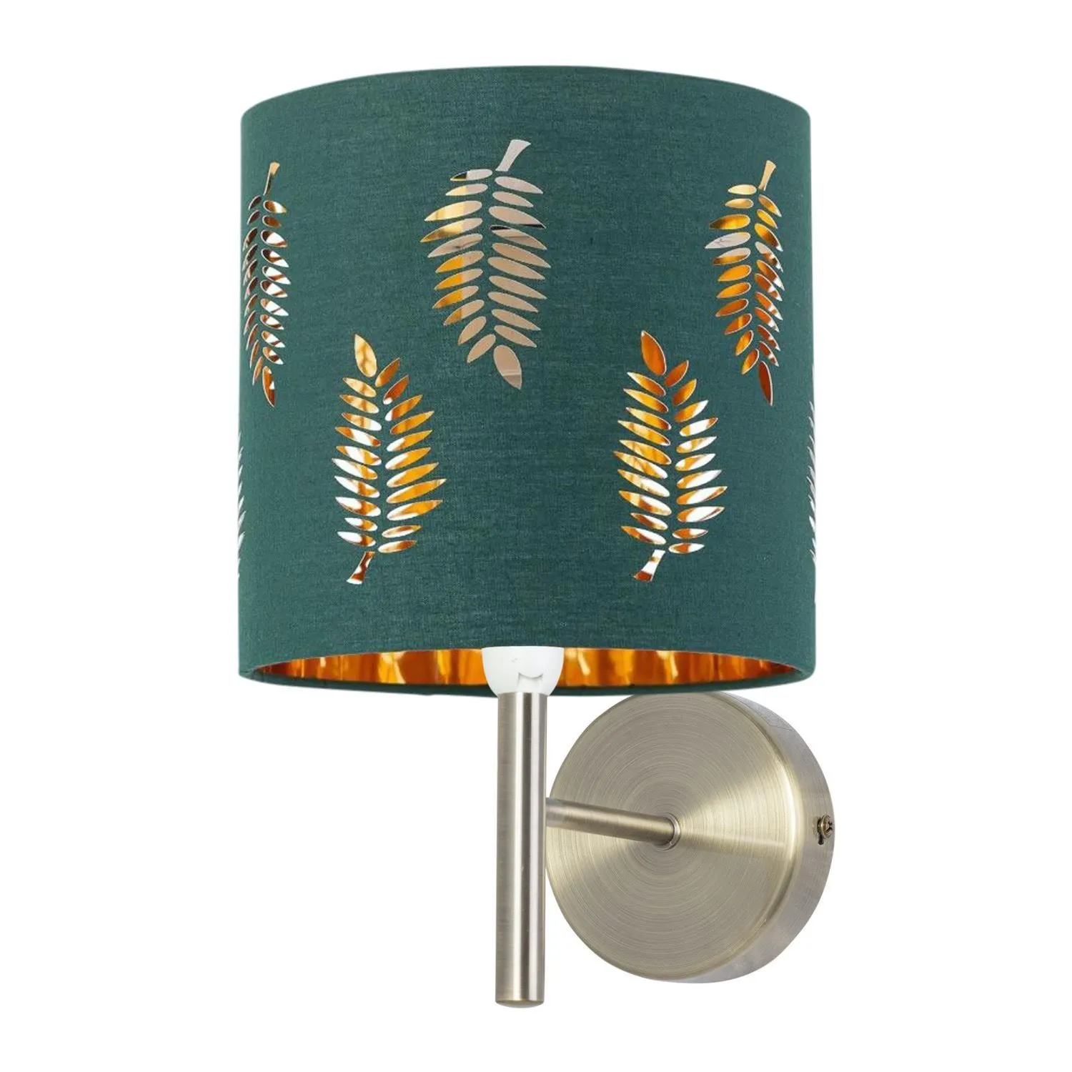 First Choice Lighting Brea - Antique Brass Wall Light with Dark Green Fern Shade in Gold