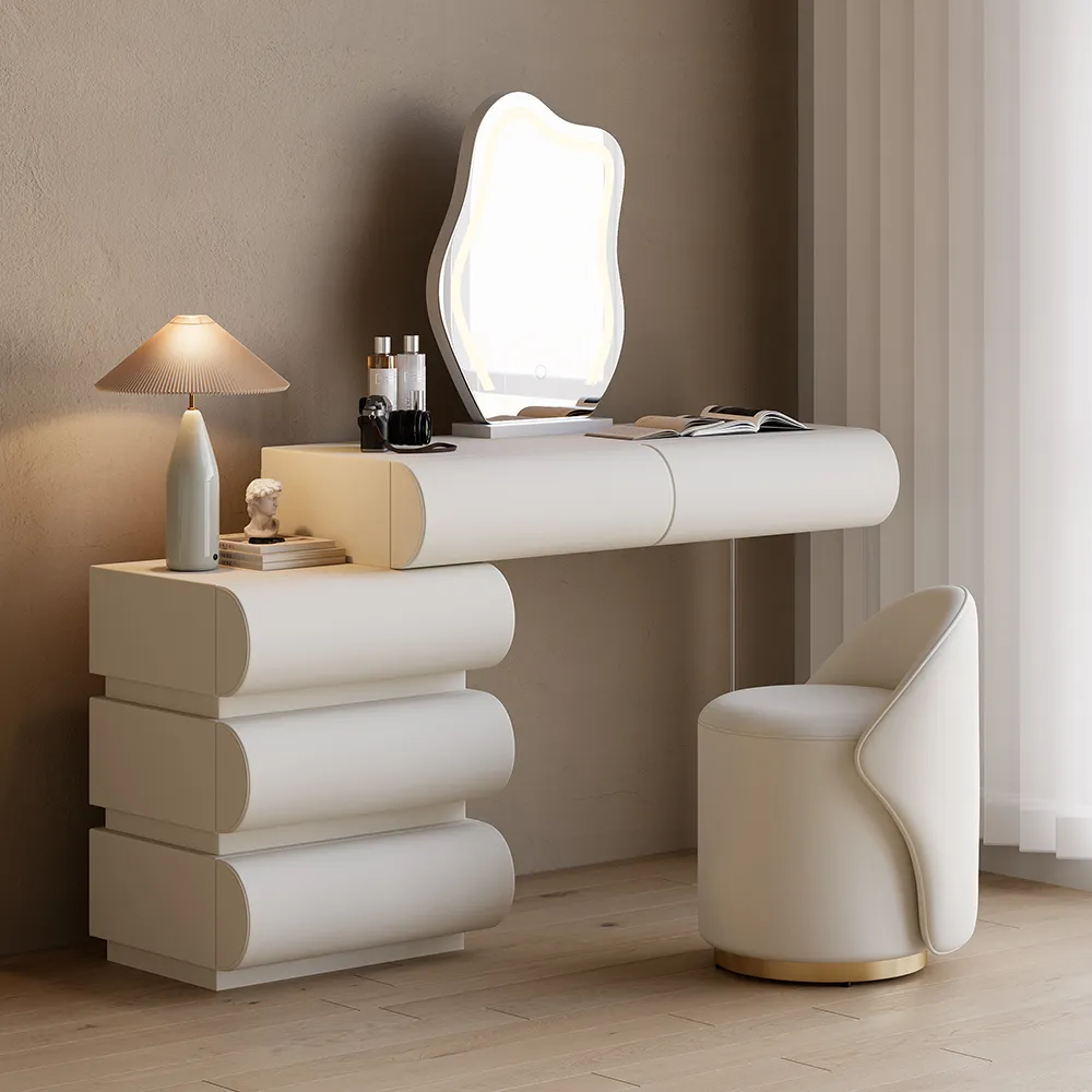 leather modern white PU dressing table set with stool and LED mirror