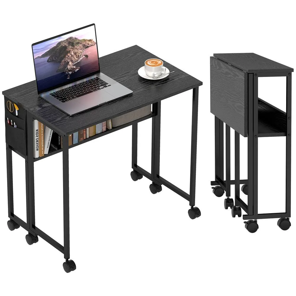HOMCOM 80 cm Foldable Computer Desk on Wheels for Small Spaces, Black 2