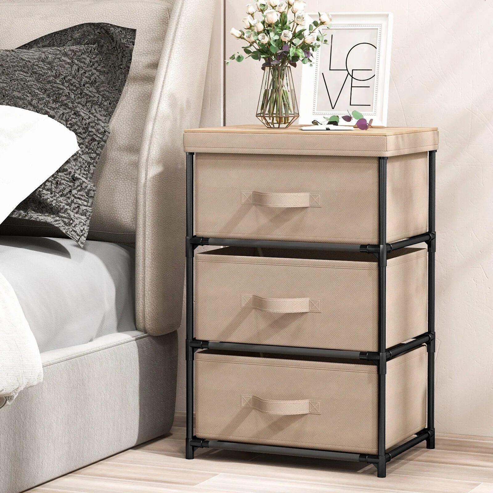 Costway 3 Chests of Drawers 3Tier Nightstand Organizer Fabric Dresser w/ Metal Frame in Brown 3